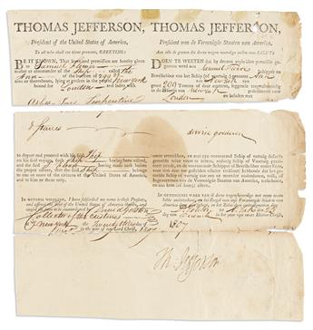 JEFFERSON, THOMAS. Two clipped portions of partly-printed Documents Signed, Th:Jefferson, as President, each a fragment of a four-lan